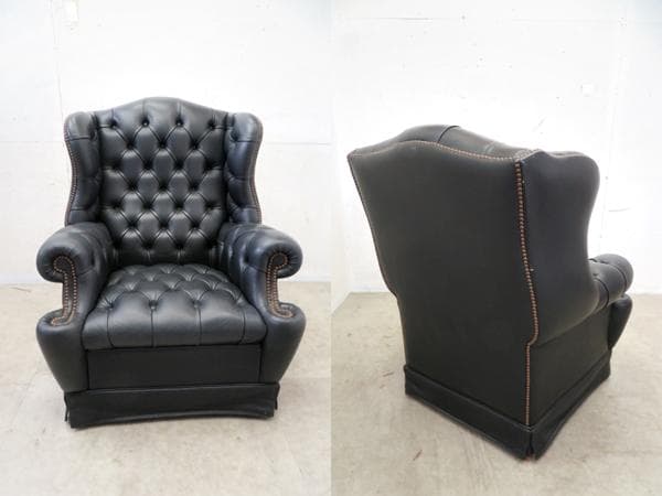 英国伝統■チェスターフィールド■黒総革■ウィングバック■1人掛けソファ■単鋲打ち
