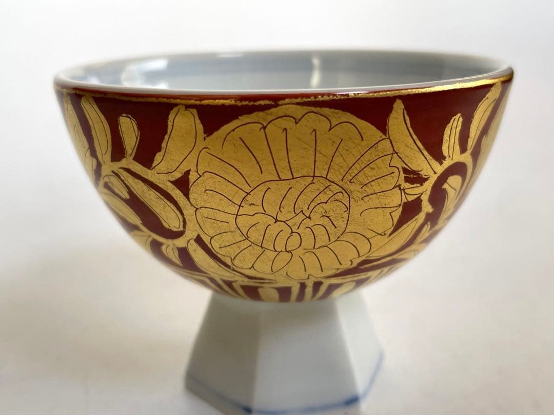 陶芸家　小野珀子　金襴手　酒盃　馬上杯　高脚杯　ぐい呑　酒器　共箱　九谷焼　猪口