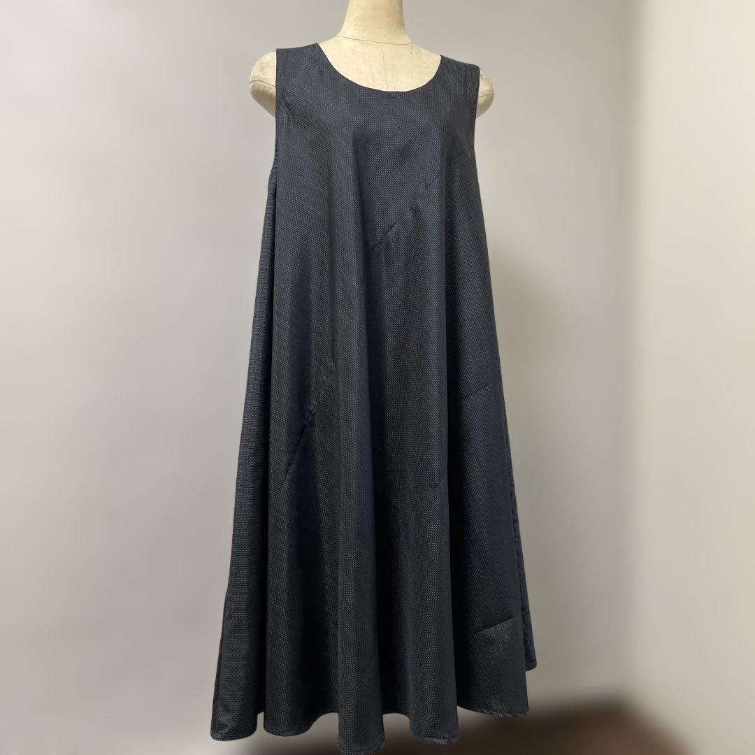 着物ワンピーステントラインロング丈《13》大島紬(証紙付き)等L〜［紺系］