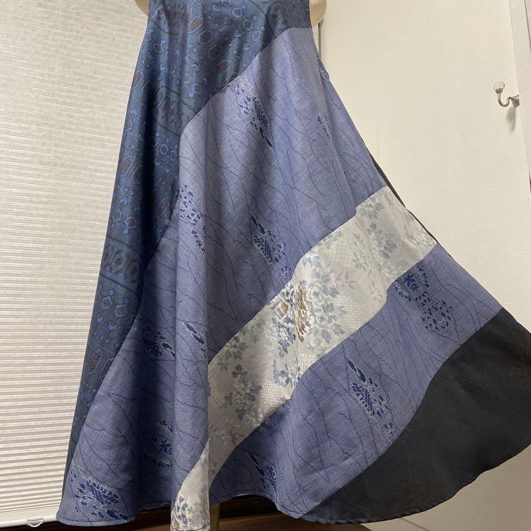 着物ワンピーステントラインロング丈《13》大島紬(証紙付き)等L〜［紺系］