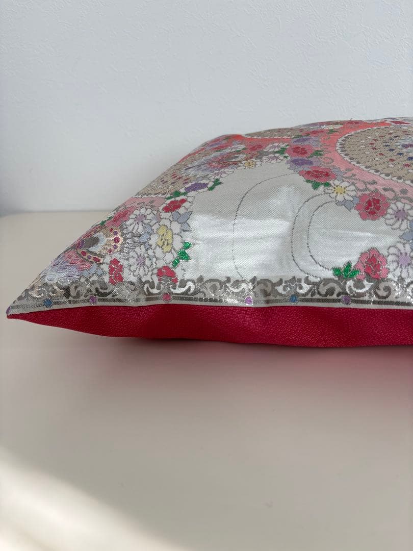 帯リメイク　孔雀と扇面柄　和モダン タペストリー＆クッションカバー 2点セット