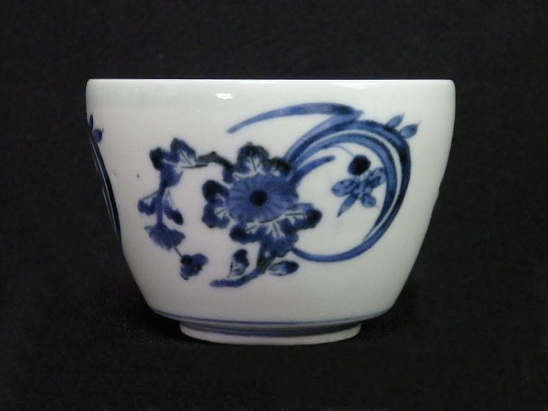 古伊万里　藍九谷　菊に蘭の図　大振蕎麦猪口　江戸中期　C552AS-BKc
