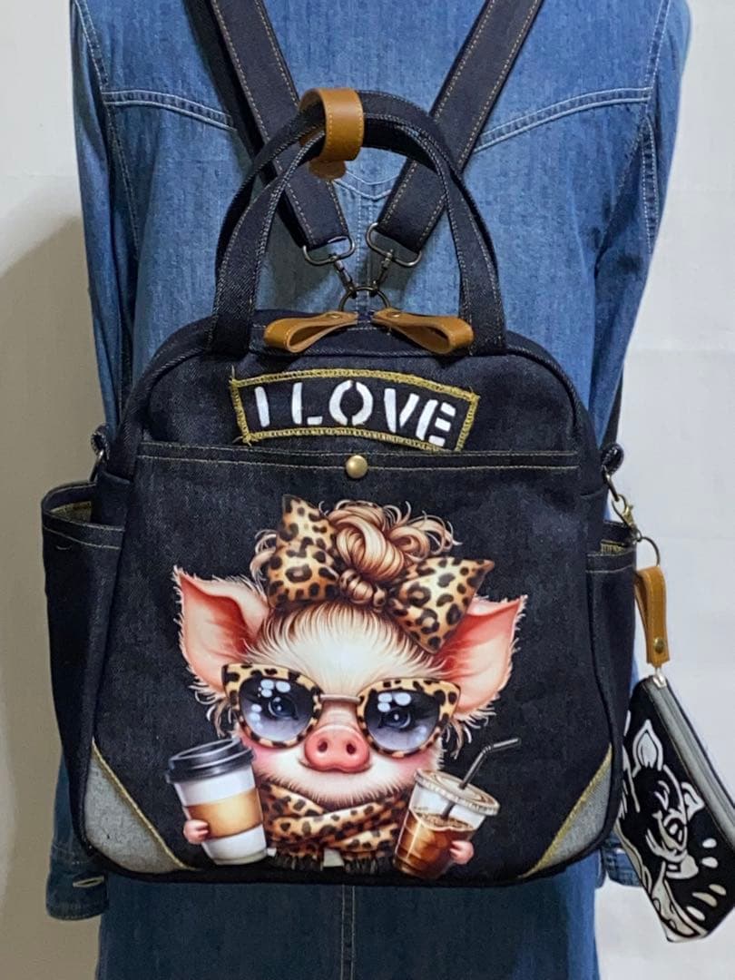 セール☆ハンドメイド☆岡山デニム☆ブタさん☆リュック対応☆4wayボストンバッグ