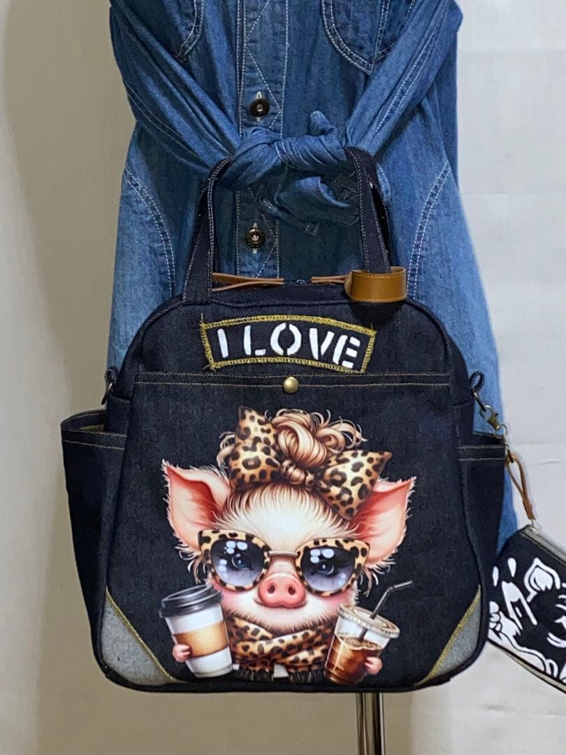 セール☆ハンドメイド☆岡山デニム☆ブタさん☆リュック対応☆4wayボストンバッグ