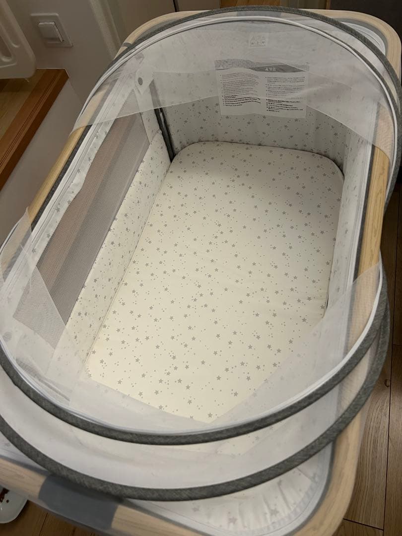 【美品】HZDMJ ベビーベッド グレー ゆりかご機能あり ※日本製マット付き