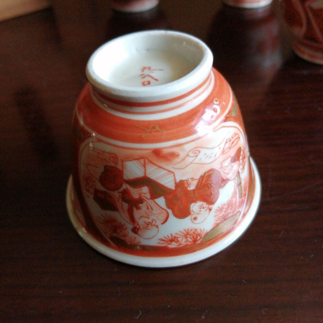 九谷焼　赤絵金襴手煎茶碗　5客　6.2cm　明治～大正期