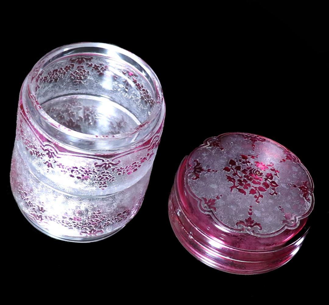 オールド・ヴァルサンランベール 桃色被せガラス薔薇蓋物 ボンボニエール 小物入れ