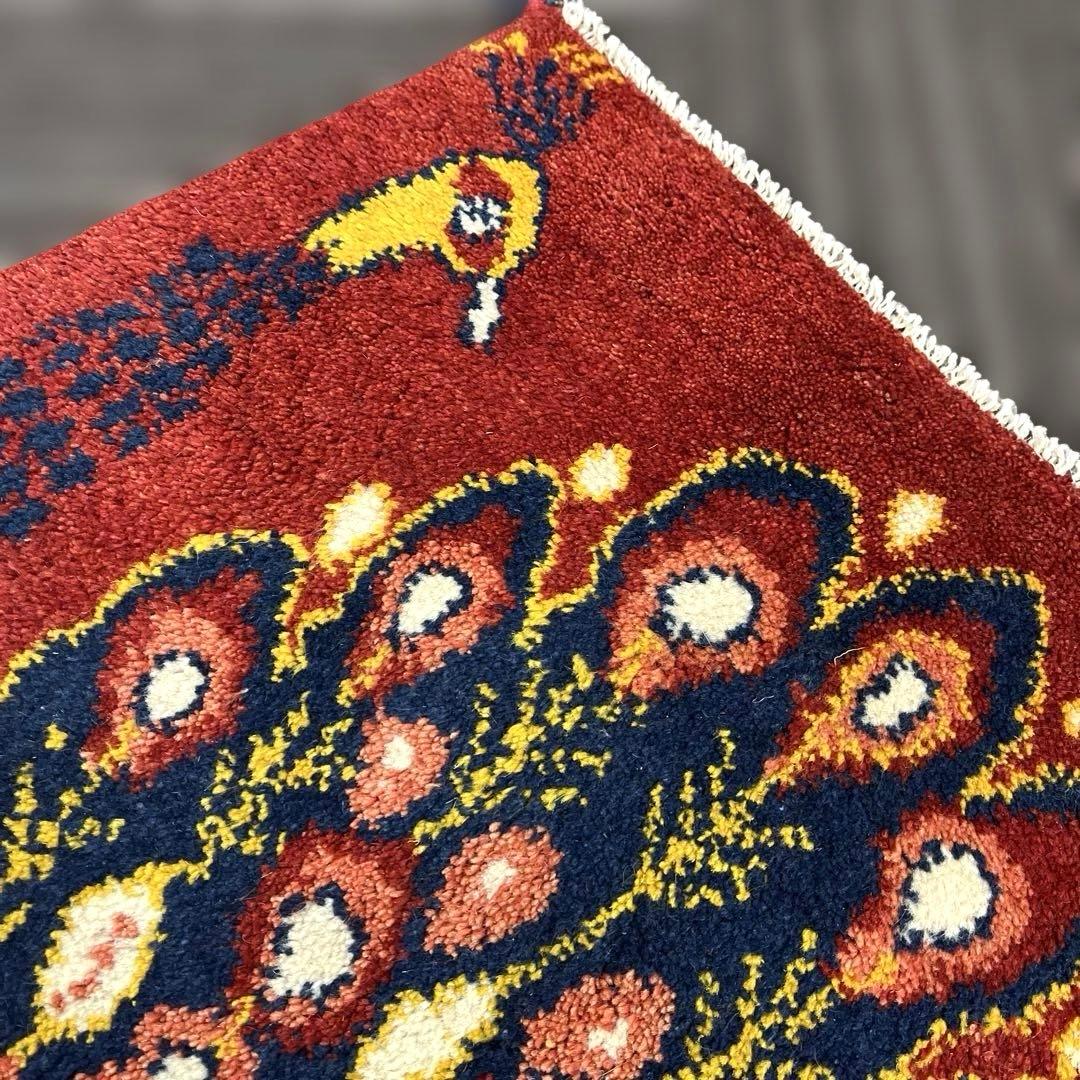 【T】早い者勝ち✨ペルシャ　ギャッベ　玄関マット　ラグ86x58cm　茜色　孔雀