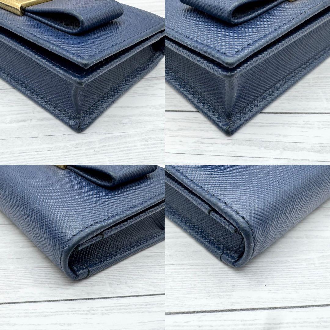【美品】PRADA サフィアーノレザー 名刺入れ　リボン　ネイビー