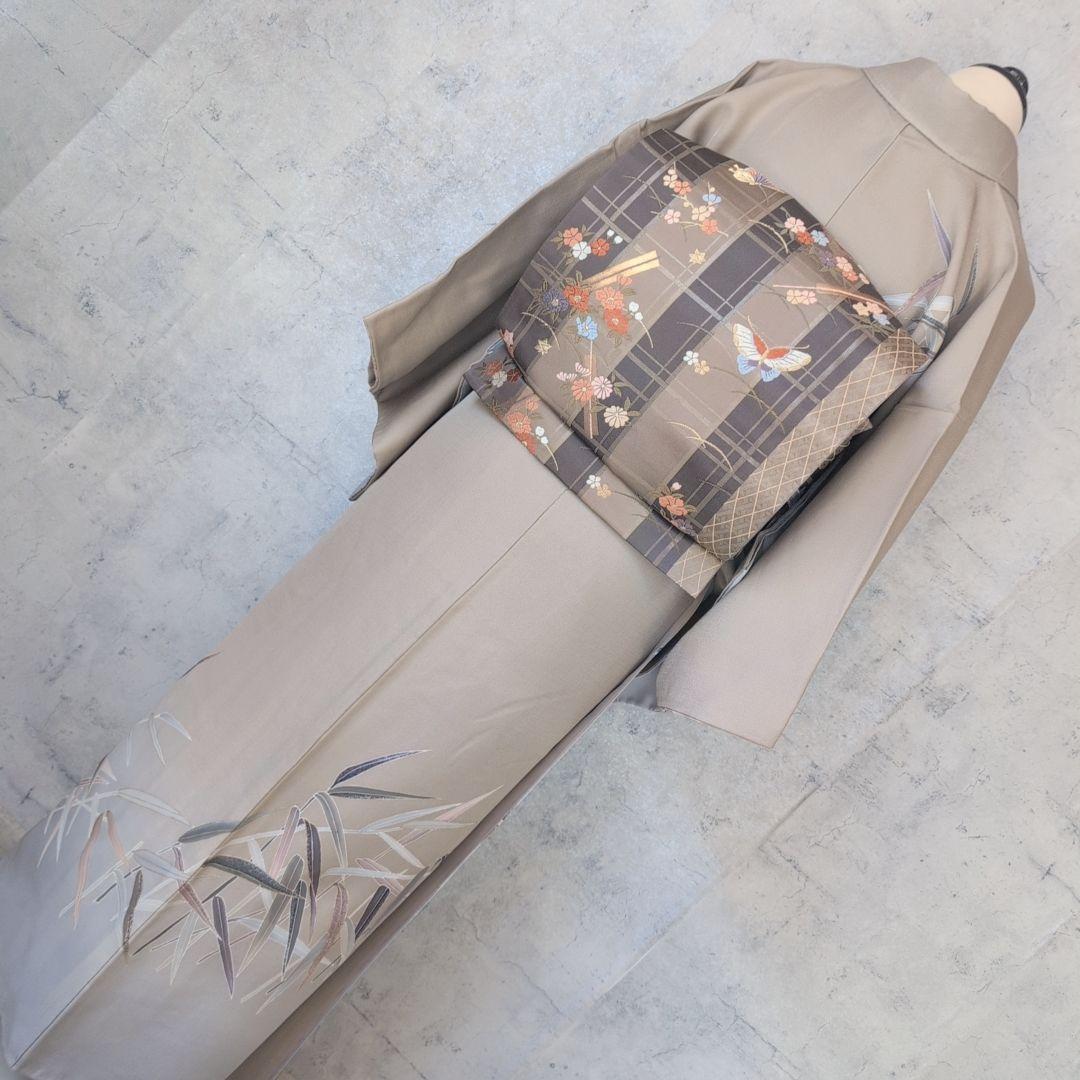 訪問着　フルセット　着物　正絹　笹　友禅　淡いベージュブラウン　金彩加工　O7