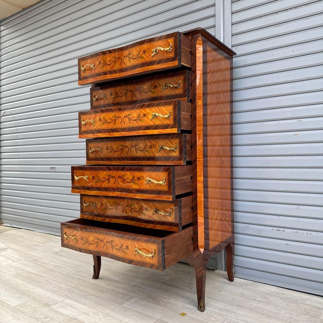 イタリア　7段　7杯　ハイチェスト　猫脚　象嵌細工