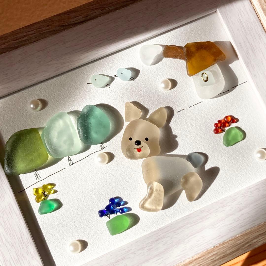 ヨーキーのお散歩　うちの子シーグラスアート　ヨークシャテリア 犬 ペット