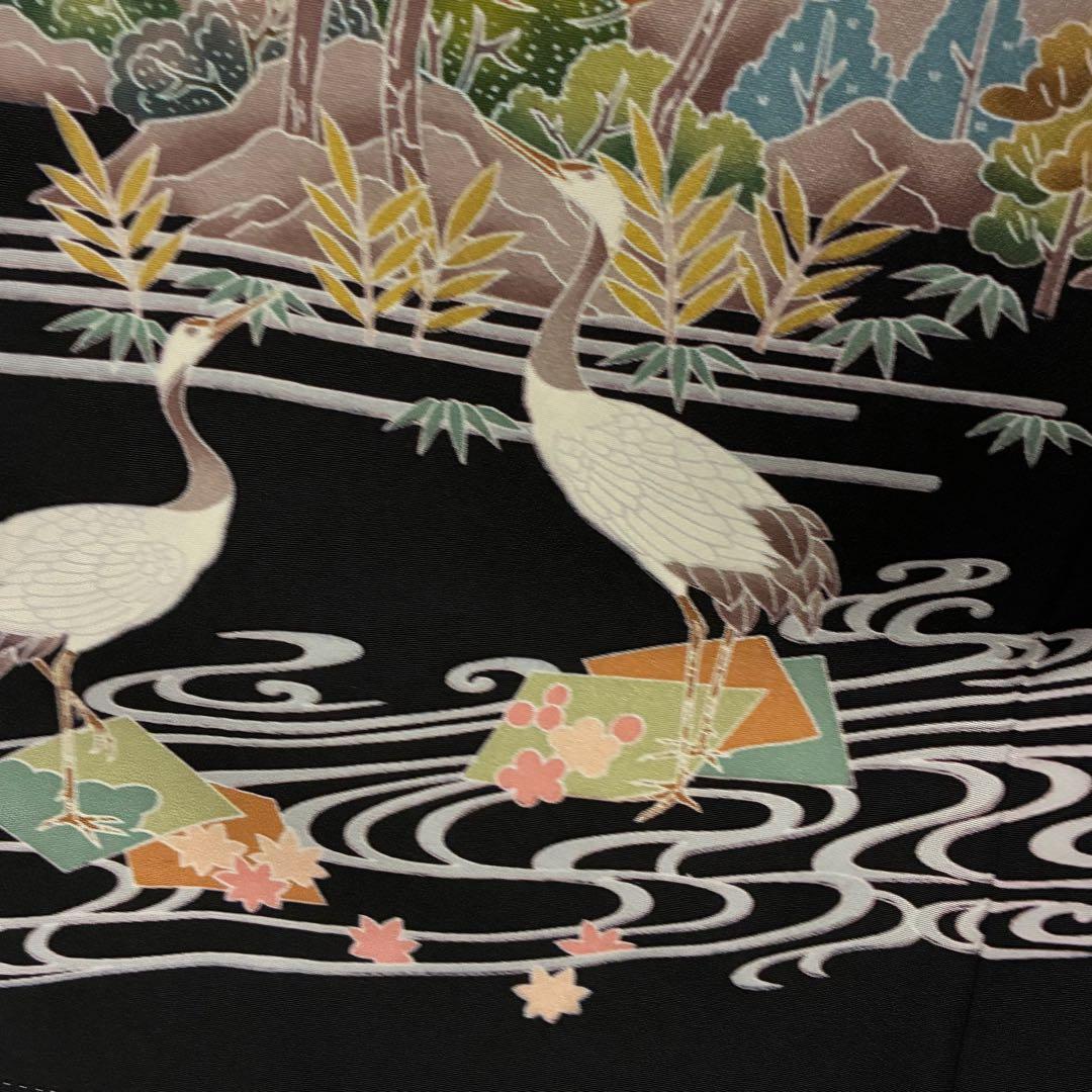 D5 黒留袖 友禅 鶴 流水 花模様 正絹 着物 袷 しつけ糸未使用極美品