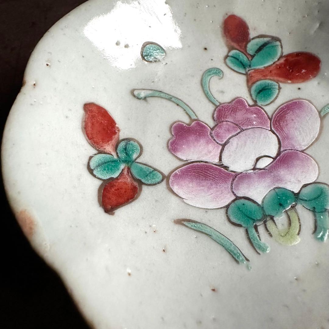 【希少】清朝期　粉彩　花の図　輪花皿　台皿　小皿　中国古玩　中国美術　骨董品　A