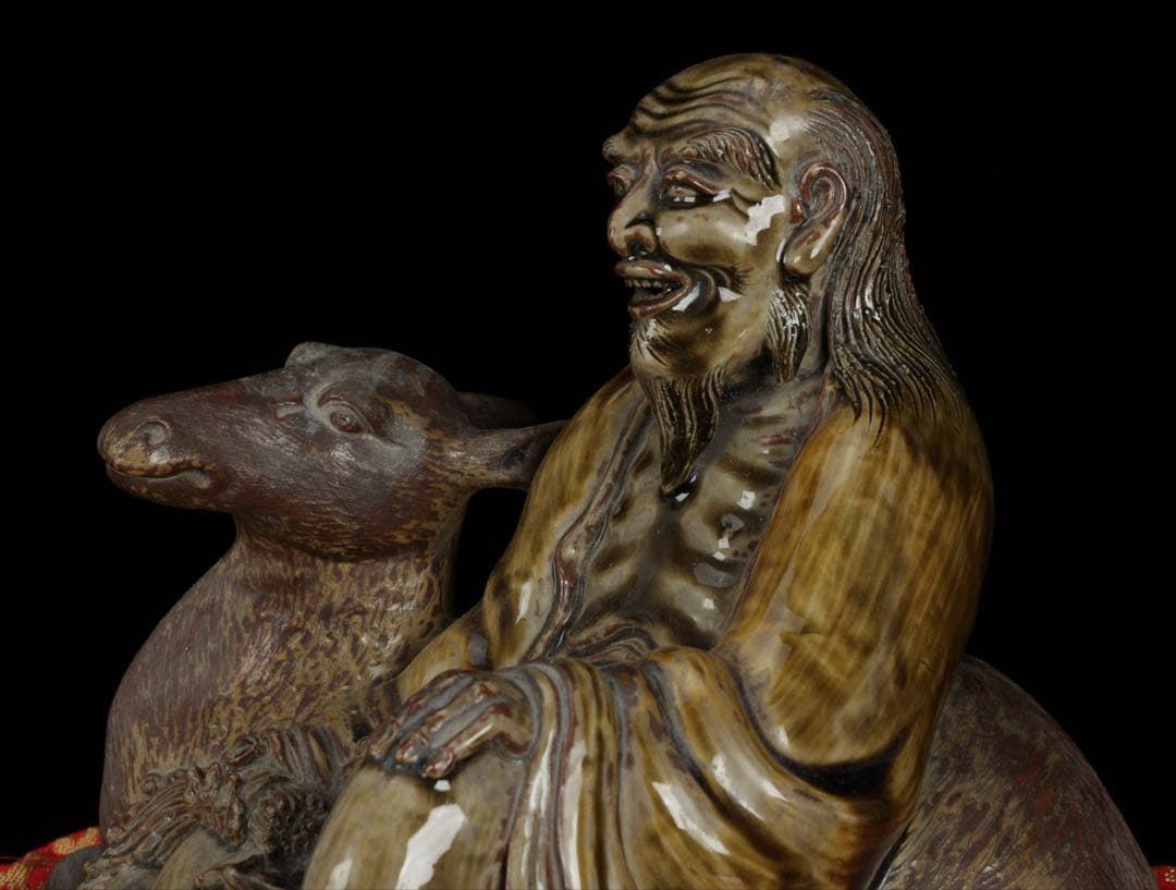 【古高取焼】鹿寿老像 七福神 長寿神 福禄寿 縁起物 置物 陶磁器 古作 共箱付