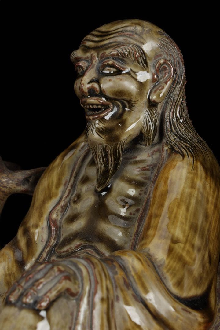 【古高取焼】鹿寿老像 七福神 長寿神 福禄寿 縁起物 置物 陶磁器 古作 共箱付