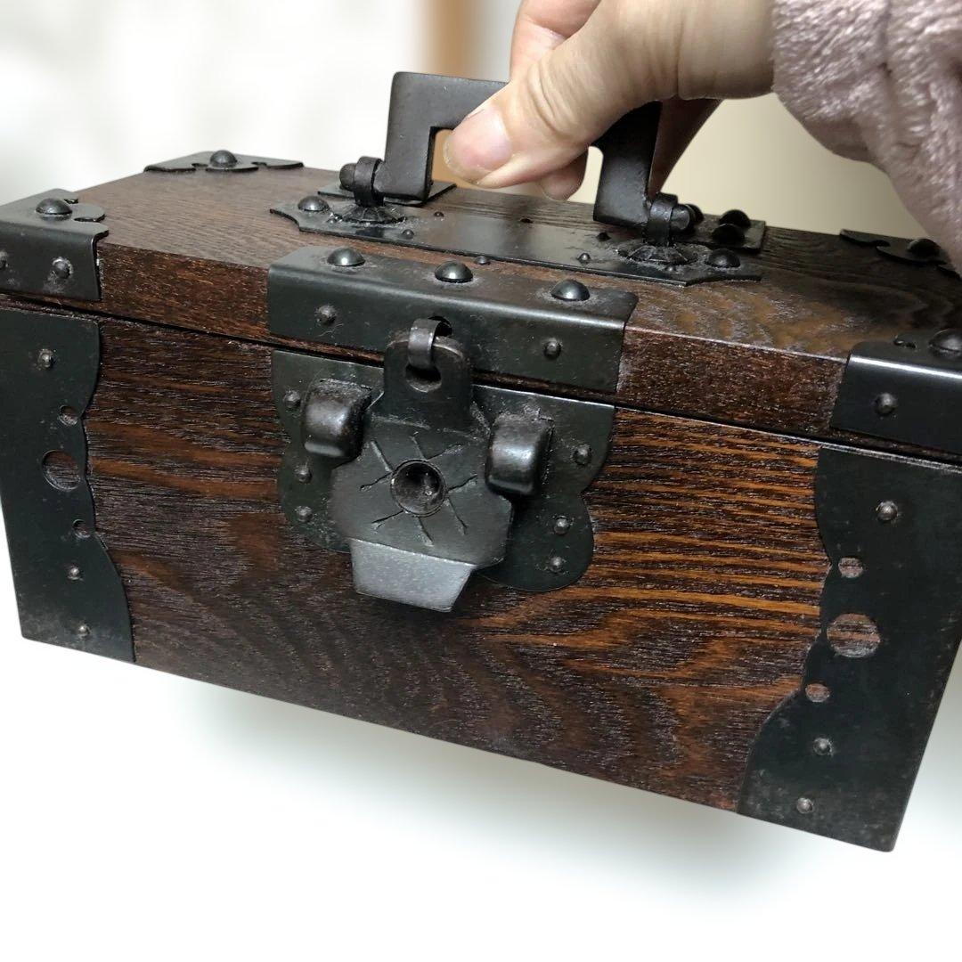 木製（欅）銭箱　千両箱　手提げ金庫　鉄金具 木製収納ボックス ダークブラウン