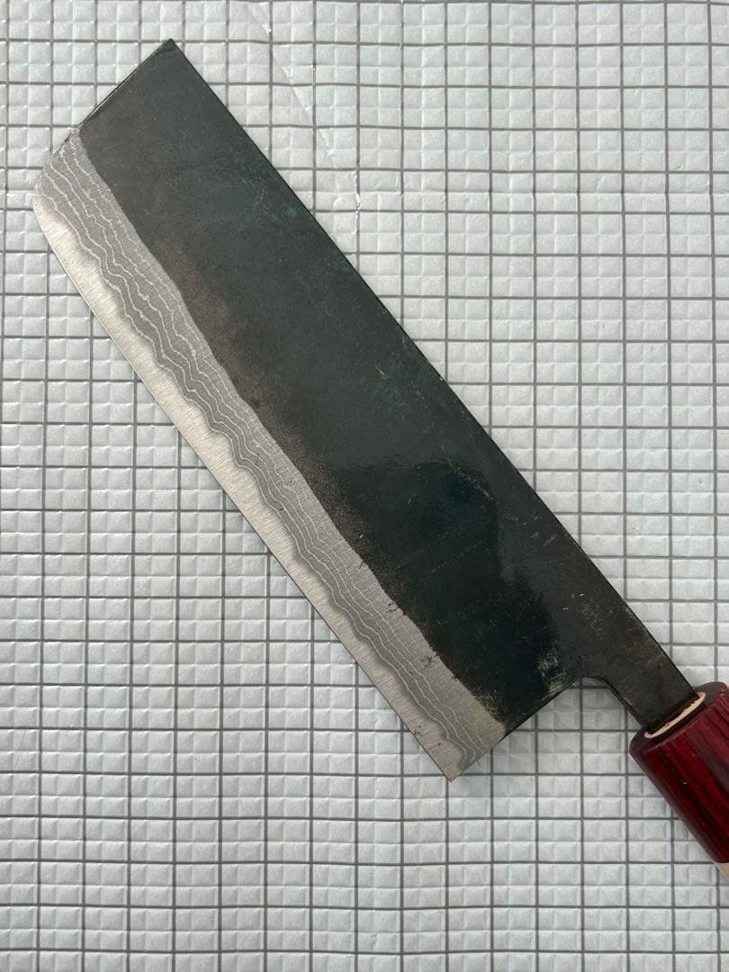 包丁 菜切包丁 菜切 ダマスカス 安来鋼青紙２号 165mm 黒打ち 朴丸柄 ②