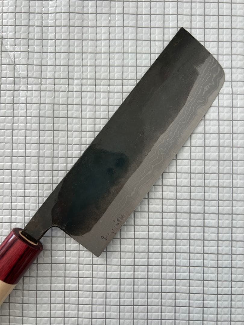 包丁 菜切包丁 菜切 ダマスカス 安来鋼青紙２号 165mm 黒打ち 朴丸柄 ②