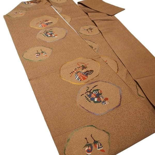 名古屋帯 九寸 京都 西陣 織り柄 ブラウン フルーツ 果物 中古 kp416