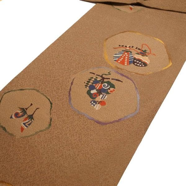 名古屋帯 九寸 京都 西陣 織り柄 ブラウン フルーツ 果物 中古 kp416