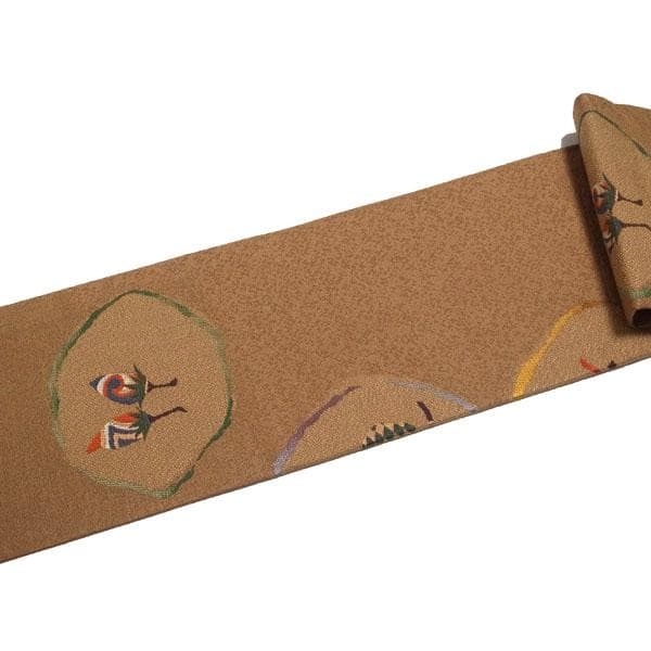 名古屋帯 九寸 京都 西陣 織り柄 ブラウン フルーツ 果物 中古 kp416