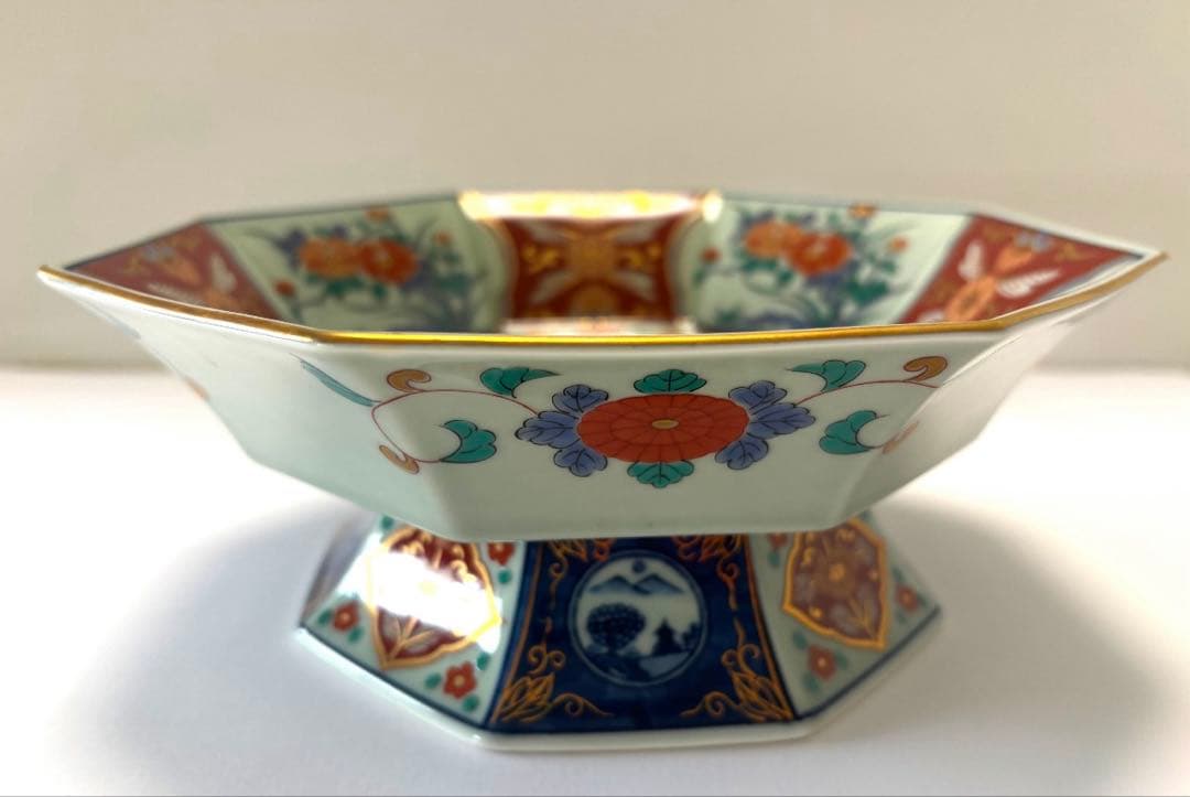 高台大鉢　伊万里　山水八角　色絵　金彩飾り　高台皿　高台鉢　未使用　有田焼