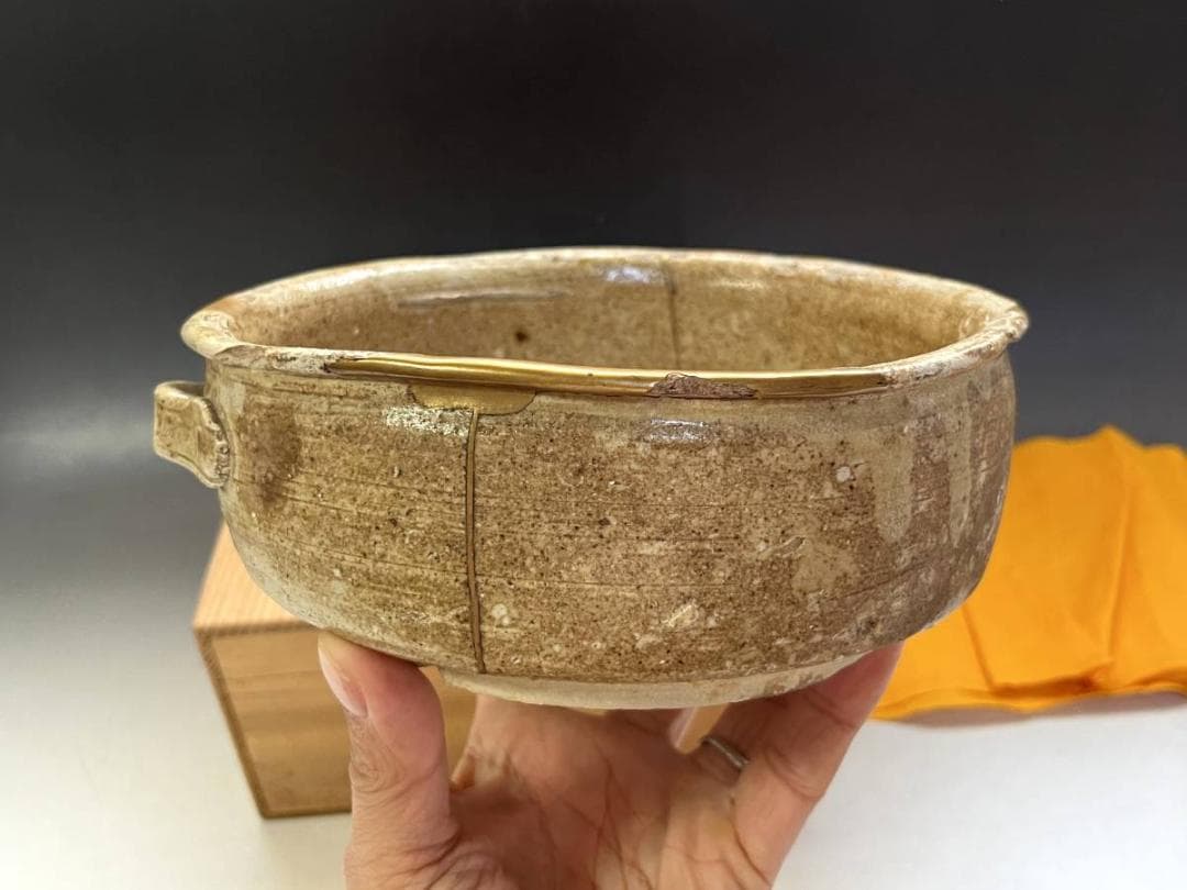 鉢■古黄瀬戸 時代物菓子鉢 金継ぎ直し有り 平鉢 耳付き(江戸期)骨董品 上物■