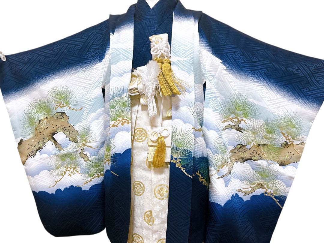 【最高級品】豪華正絹&畳表雪駄　七五三　5歳　男の子　フルセット　一式　紺地　鷹