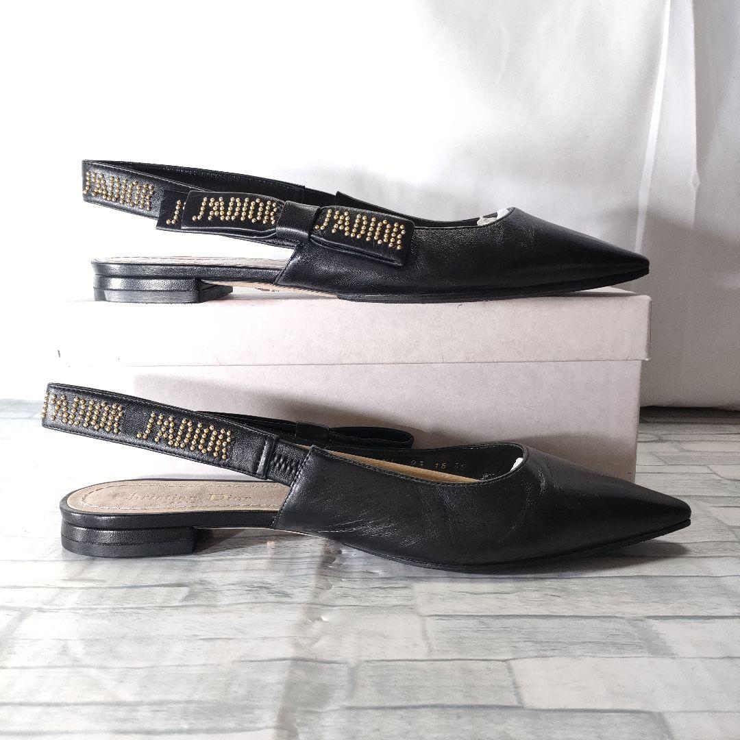 箱保存袋付き美品✨Dior　スリングバックフラットパンプス　レザー　黒×ゴールド