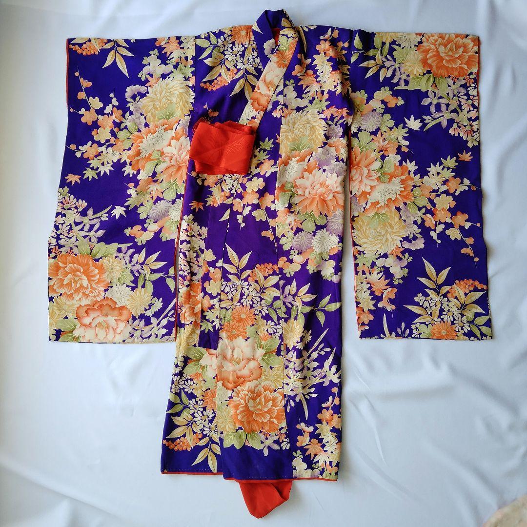 3歳　七五三　女の子　着物　アンティーク　正絹　希少　紫　パープル　青紫　錦紗