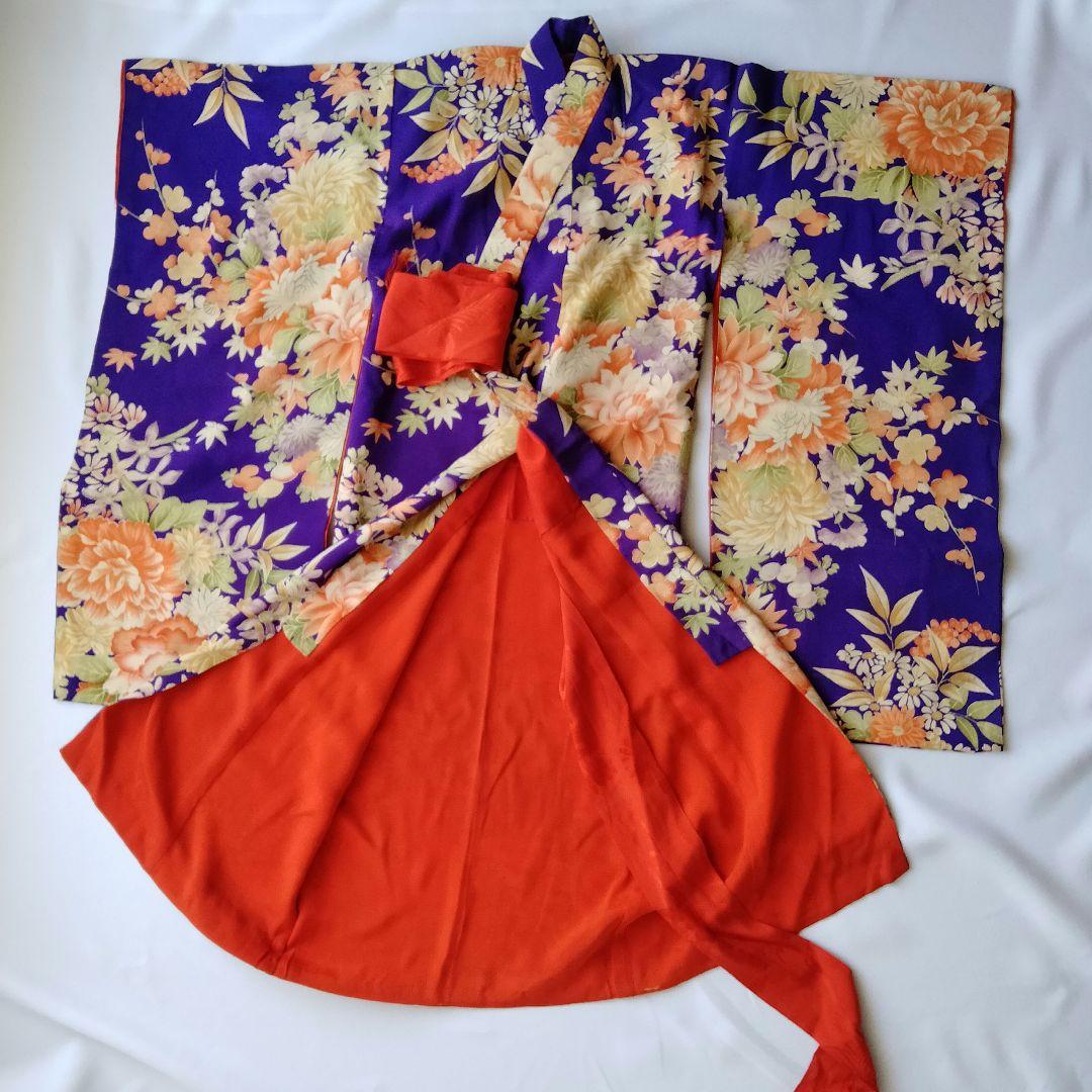 3歳　七五三　女の子　着物　アンティーク　正絹　希少　紫　パープル　青紫　錦紗
