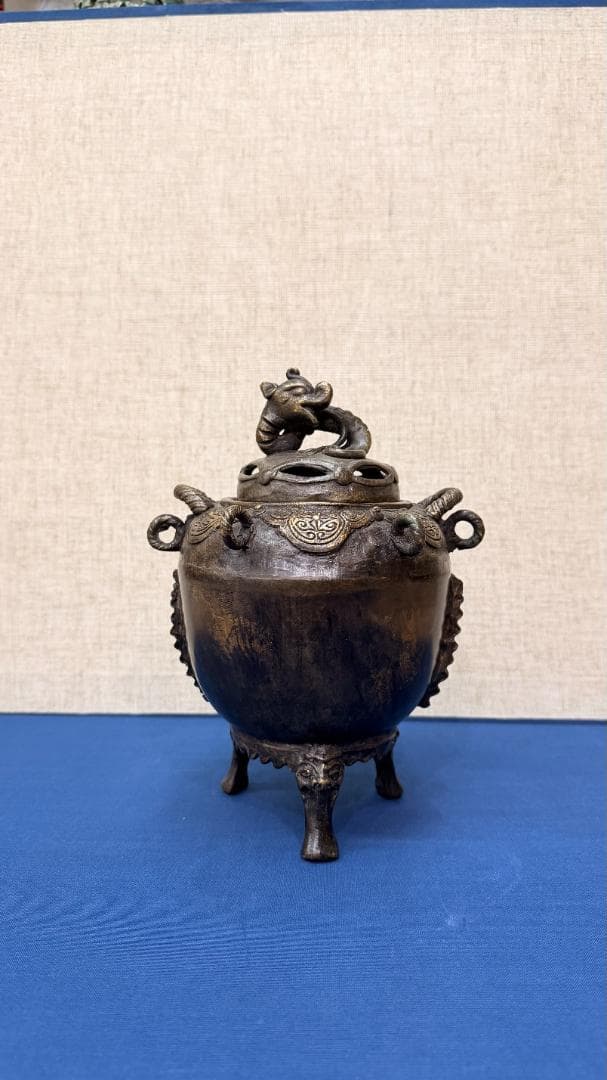 龍装飾の青銅香炉／鋳物工芸／古色仕上げ雅趣ある佇まい 仏具 高さ21 × 幅14