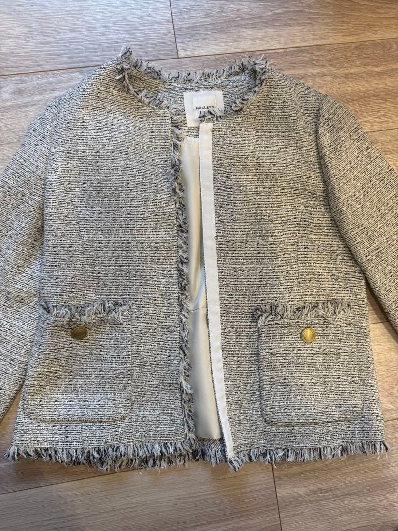 ノーカラージャケット グレー系 フリンジ仕上げ