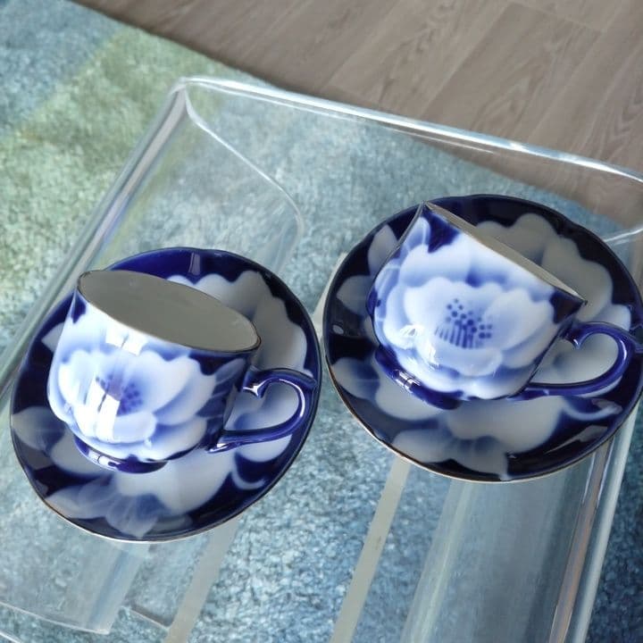 昭和レトロ⭐︎瑠璃色花模様のティーセット5点⭐︎新品未使用⭐︎手描きビンテージ
