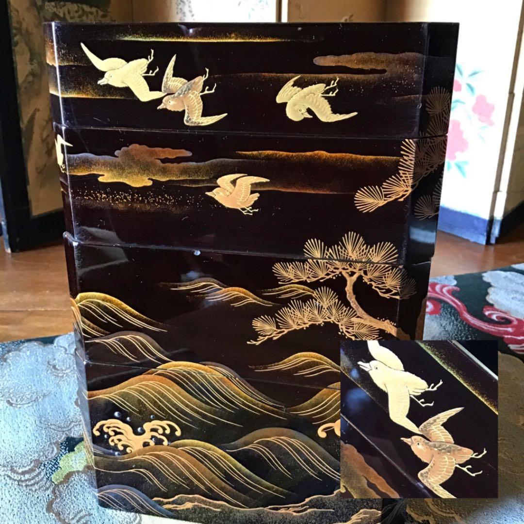 ❣️特別出品 輪島塗 肉合研出蒔絵　波に千鳥図 銀散し　野弁当 重箱