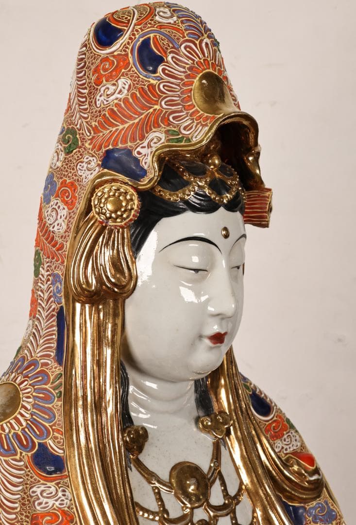 R　九谷焼　八幡窯　特大　色絵金彩観音菩薩像　置物　高90㎝　重さ15㎏