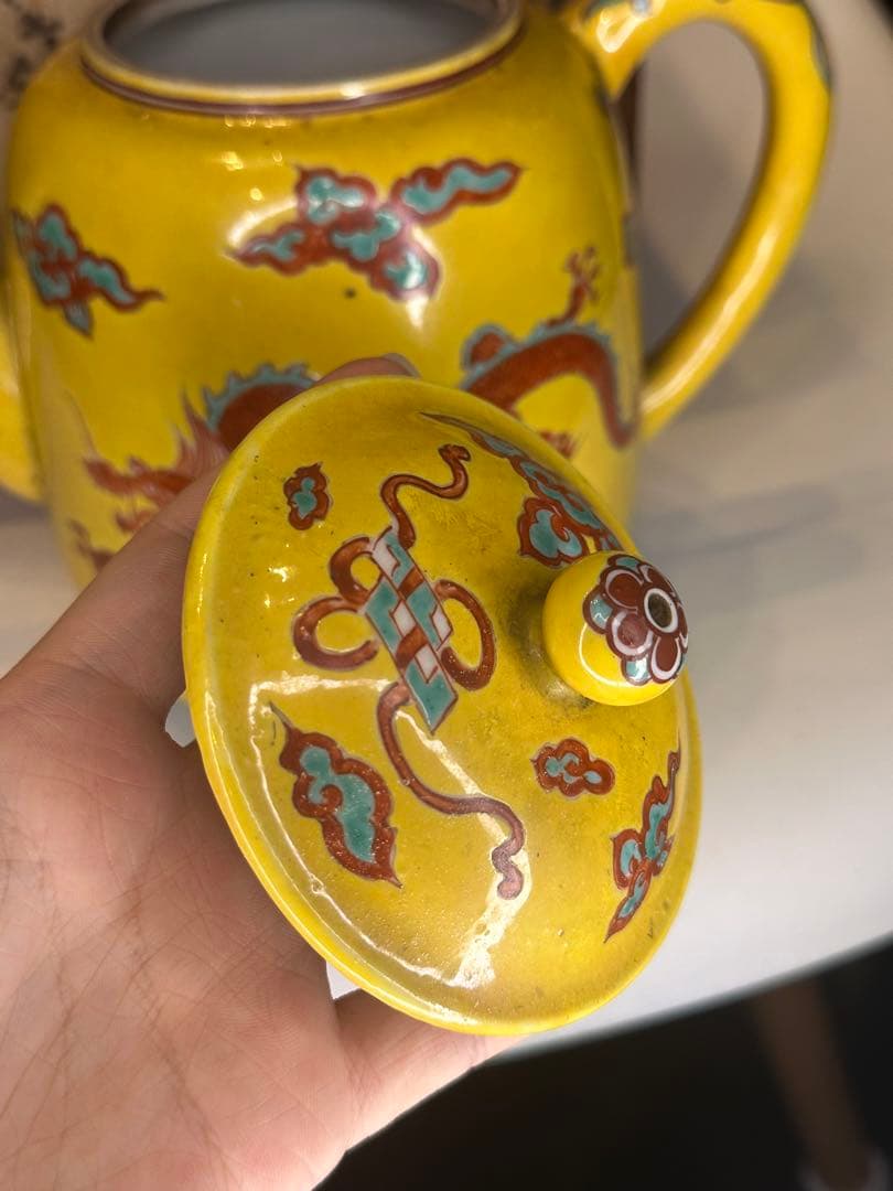 重錦焼 黄釉 赤龍文 水注 时代物 共箱 中国 古美術 收藏品
