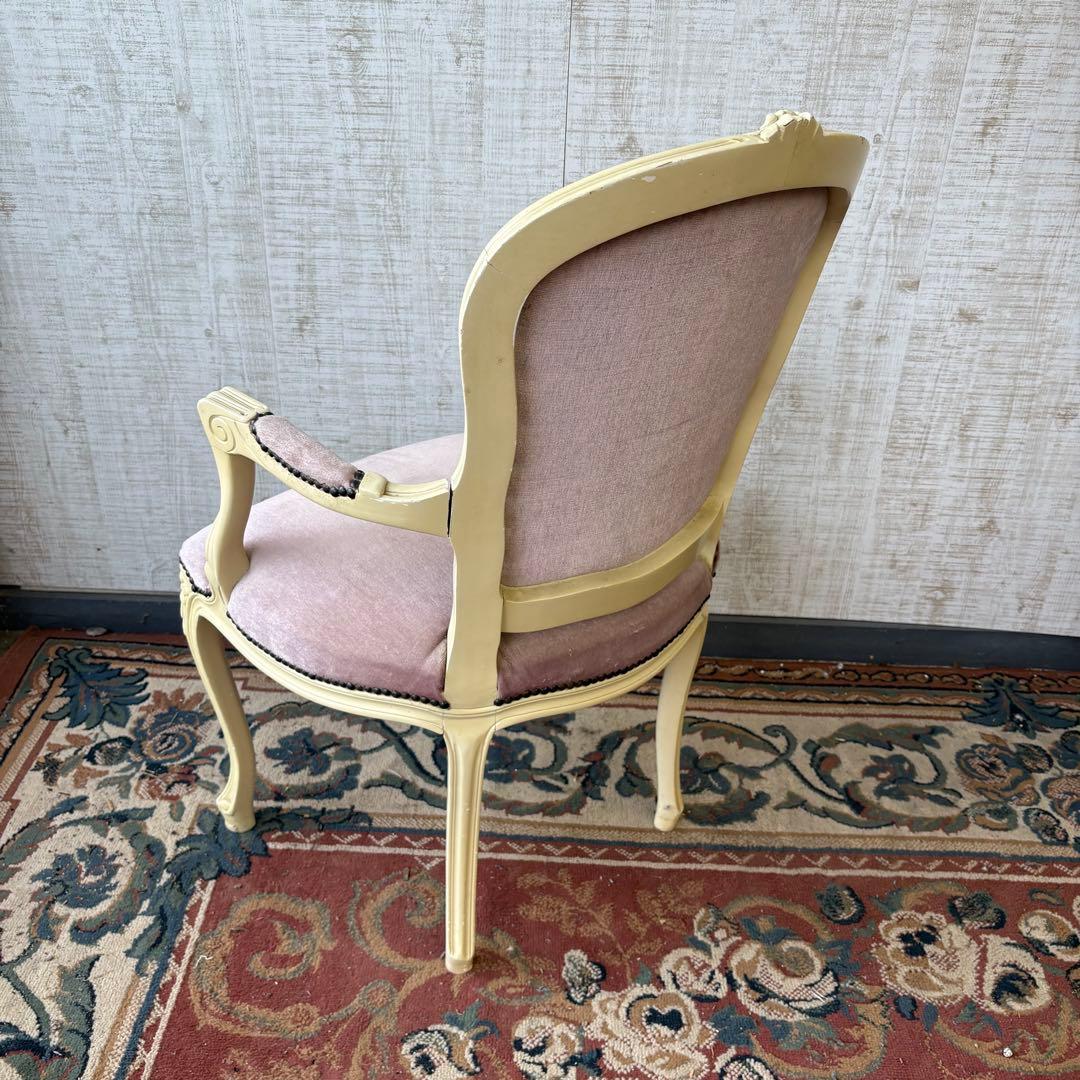 ロココアンティーク 木製ダイニングチェア ベロアアームチェア 姫系 フレンチ家具