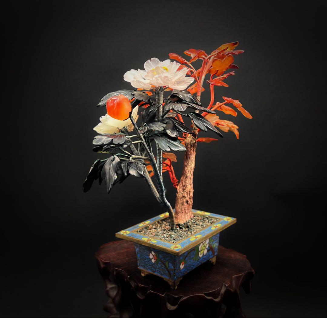 中国美術 古玩 七宝焼　玉石 瑪瑙 翡翠 彫刻 盆栽置物