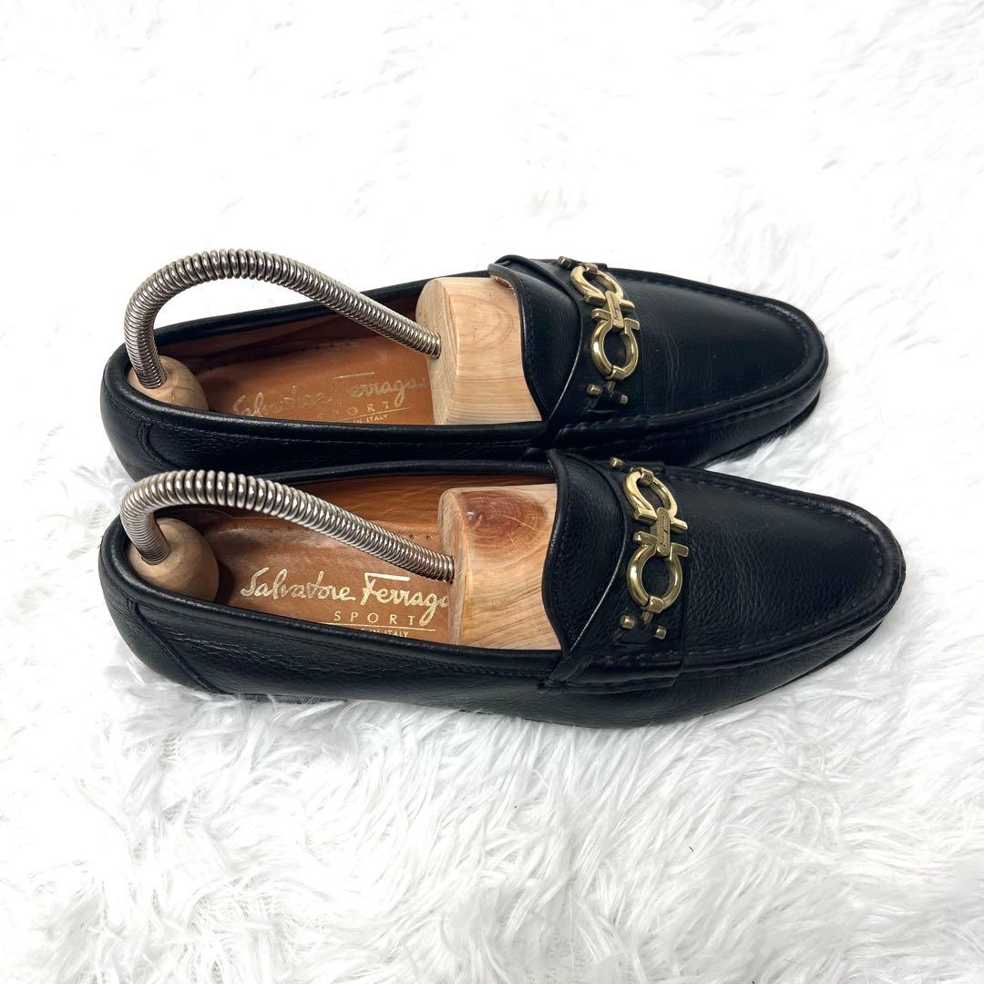 【美品】 フェラガモ ガンチーニ ビットローファー 24.0cm シボ加工 黒