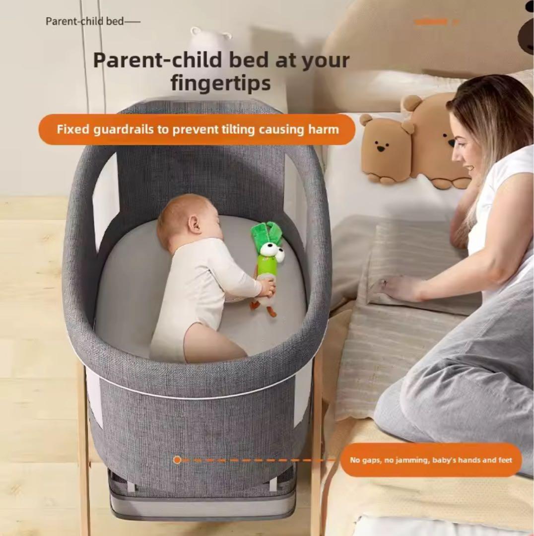 【ほぼ未使用】移動式ベビーベッド　折りたたみ　付属品：オムツ収納、蚊帳（未使用）