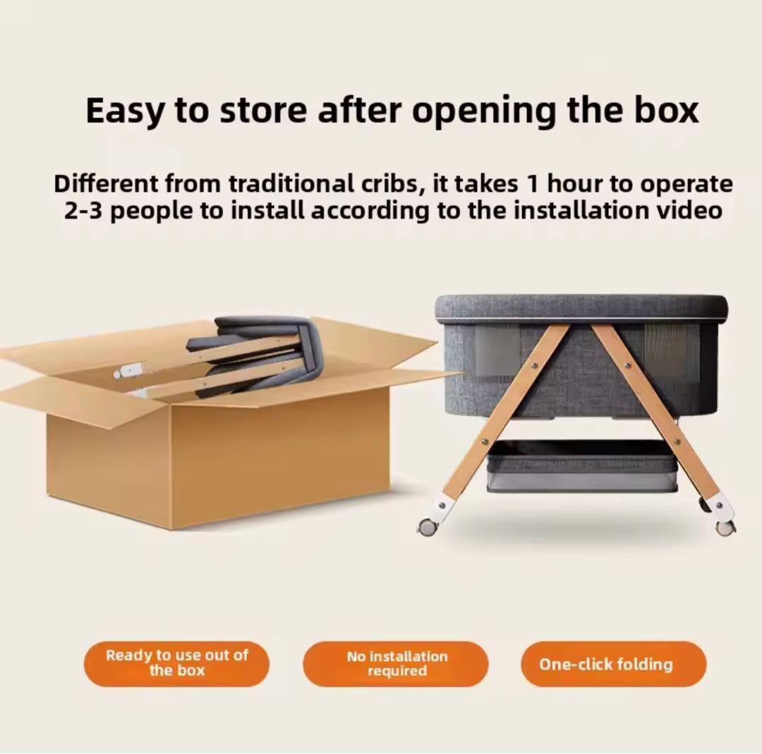 【ほぼ未使用】移動式ベビーベッド　折りたたみ　付属品：オムツ収納、蚊帳（未使用）