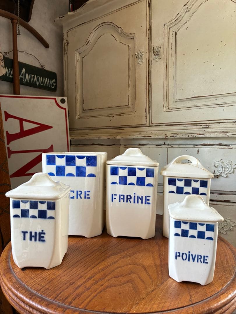 FJアンティーク 陶器　キャニスター　ブルー　市松　バドンヴィレー　レア