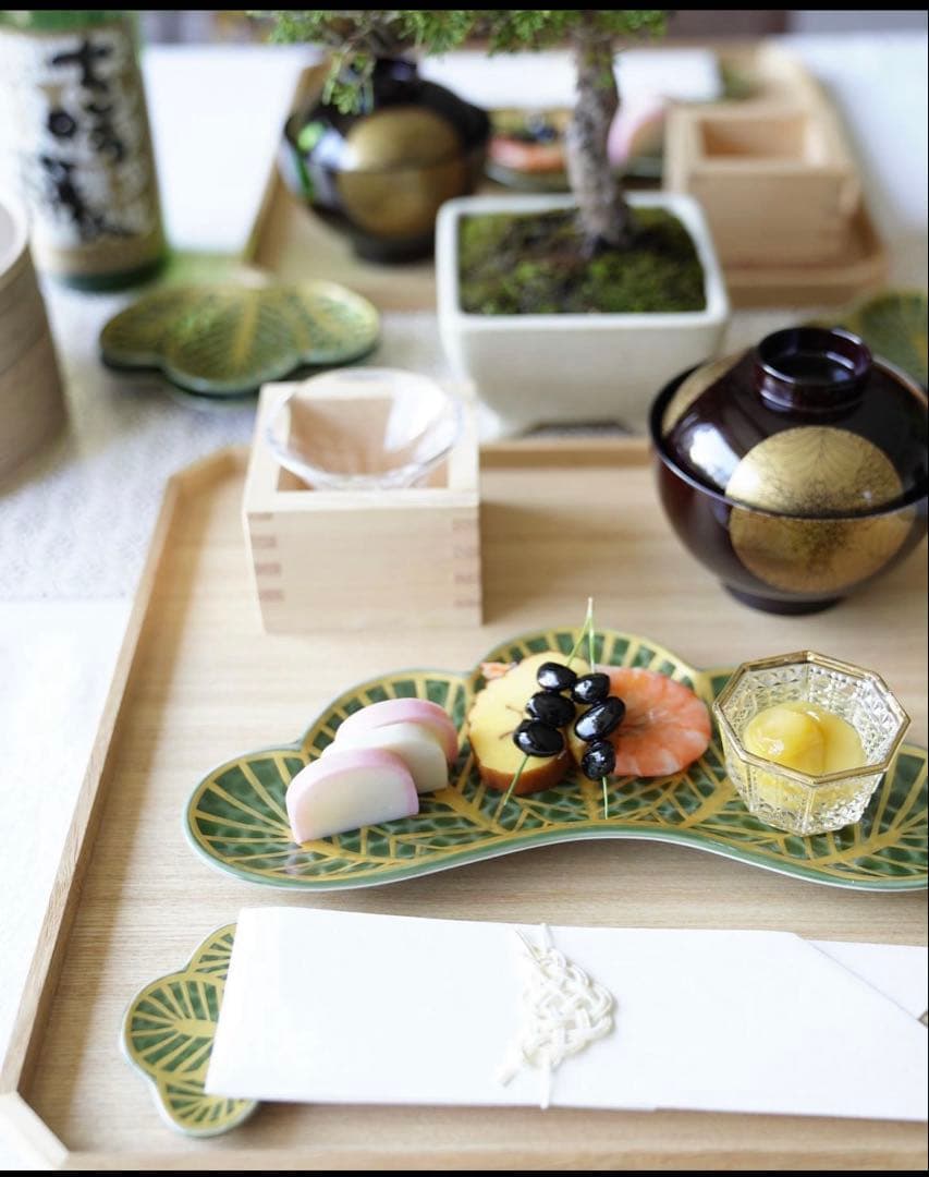 なんなんご依頼品　幸楽窯　錦金松葉形前菜皿　茶緑金　白金　赤金　6点セット