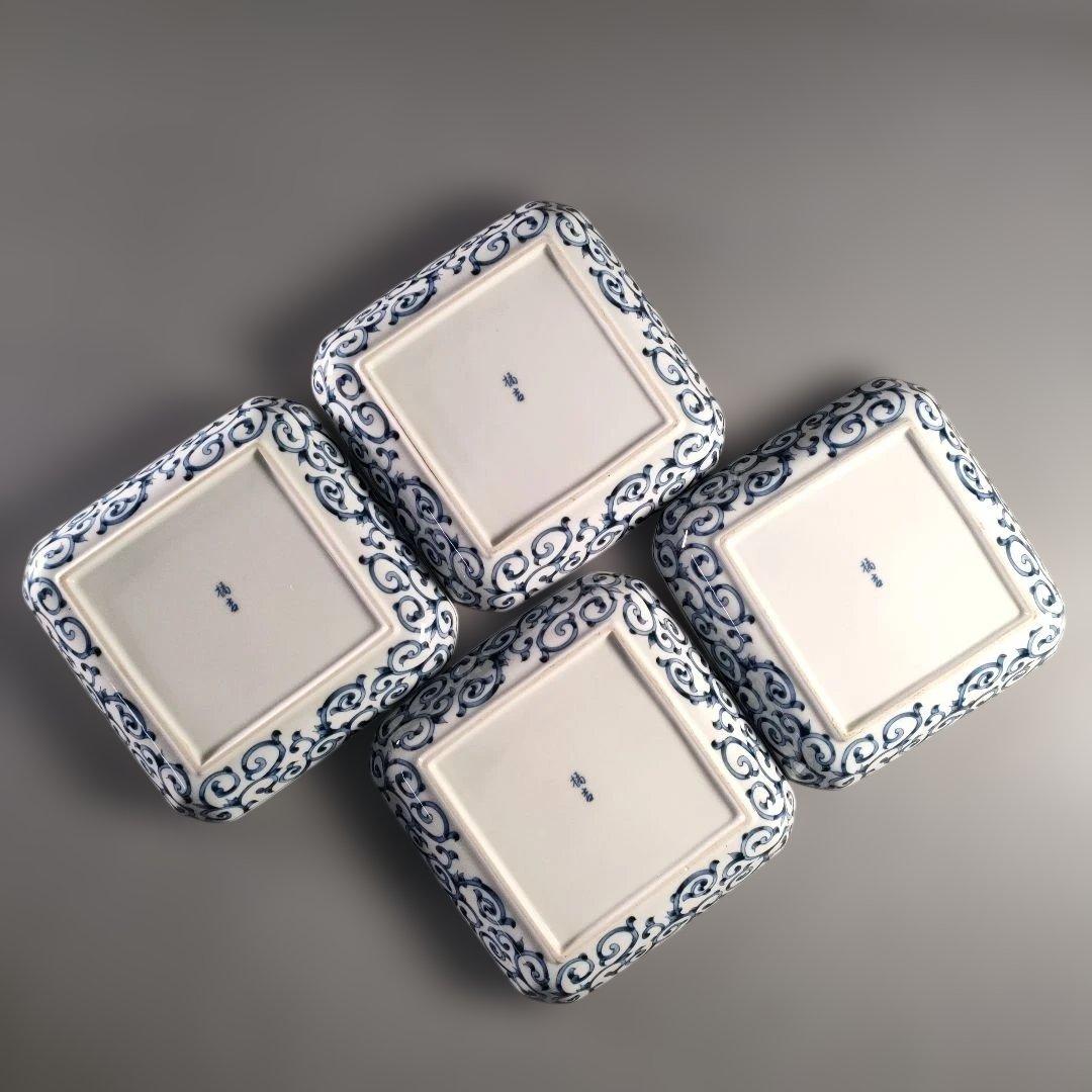 A1385-6/たち吉 橘吉/染付蛸唐草文四方皿5客/銘々皿/飾皿/懐石道具/