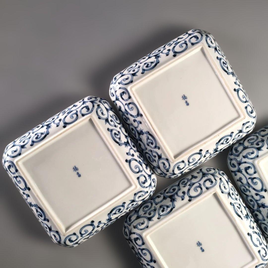 A1385-6/たち吉 橘吉/染付蛸唐草文四方皿5客/銘々皿/飾皿/懐石道具/