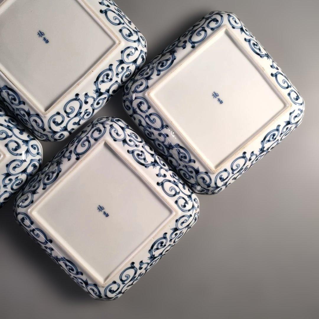 A1385-6/たち吉 橘吉/染付蛸唐草文四方皿5客/銘々皿/飾皿/懐石道具/