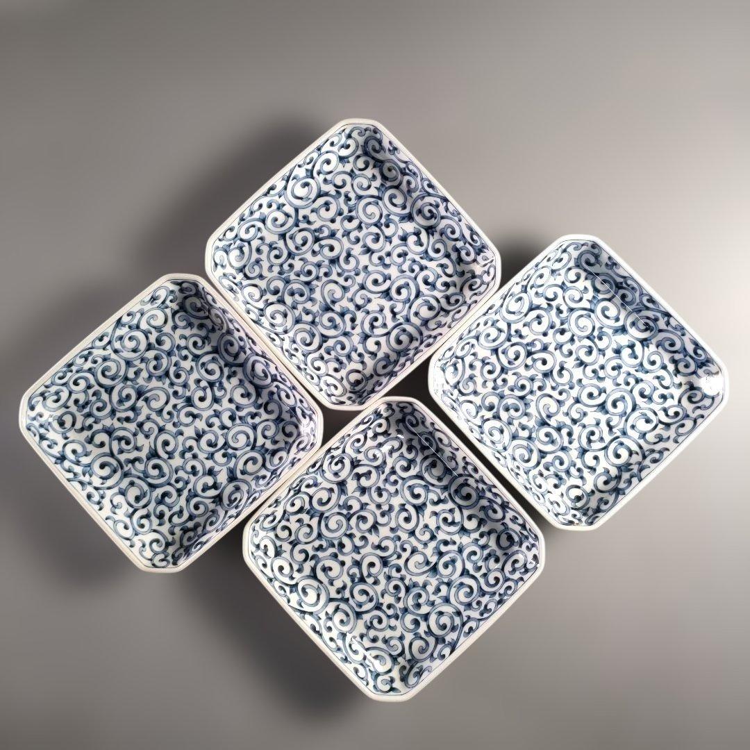 A1385-6/たち吉 橘吉/染付蛸唐草文四方皿5客/銘々皿/飾皿/懐石道具/