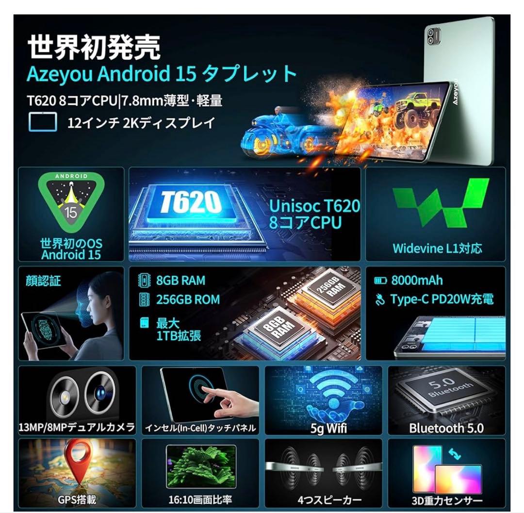 601509 Azeyou タブレット 12インチ　Android 15